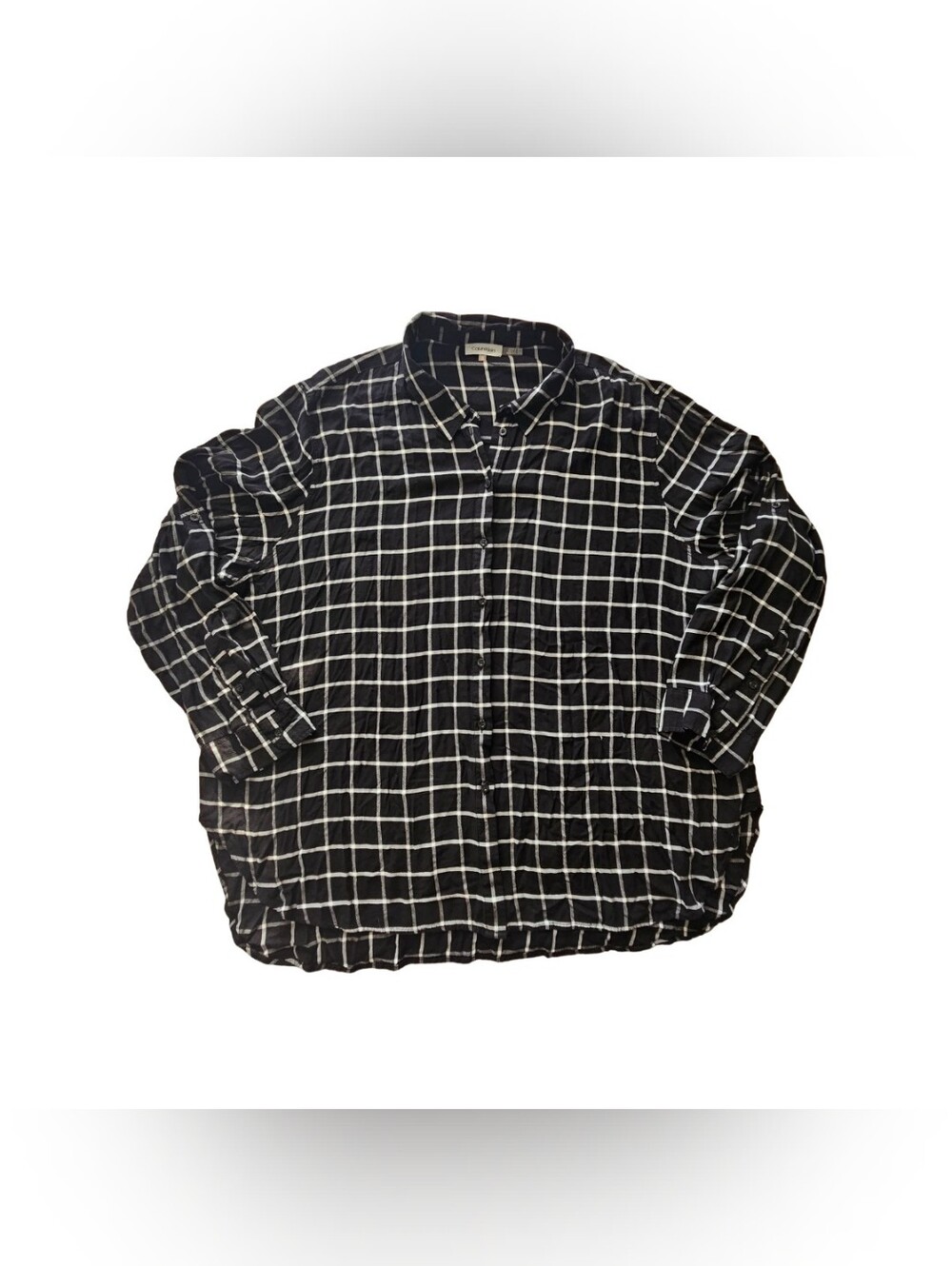 Calvin Klein Women's Plus Size 2X Black and White Windowpane Button-Front Blouse